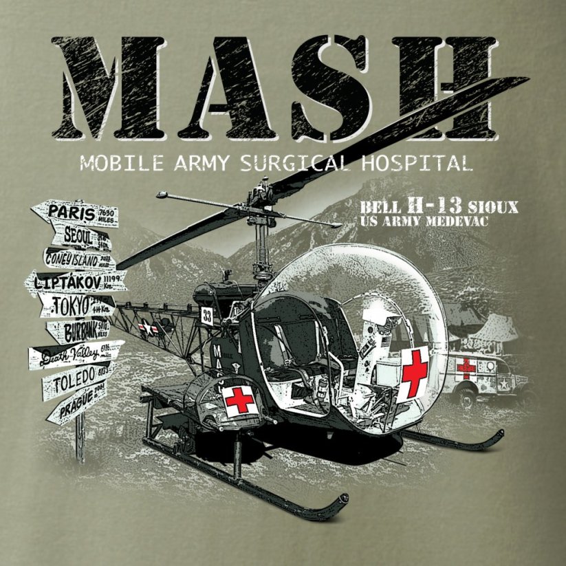 T-Shirt mit Hubschrauber BELL H-13 MASH - Größe: XL