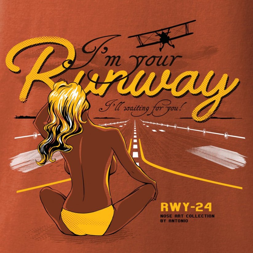 T-Shirt pilot woman sitting on RUNWAY